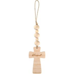 Wood Bead Garland with Blessed Cross, Farmhouse Cross Bead Garland for Tiered Tray, Shelves Coffee Table, Wall Decor, Wooden Crosses Baptismal Gifts