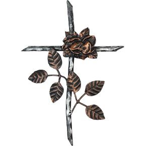Decorative Rose Wall Cross – Welded Wrought Iron and Stamped Metal with Rustic Copper and Silver Finish – Spiritual Floral Jesus Art Sculpture