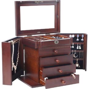 Large Wooden Women Jewelry Box, Built-in Mirror and Lock, Double Open Door 4-Level Drawer 10.8L x 8.3W x 12H inch Brown