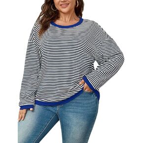 بلوزات حجم كبير كم طويل أبيض وأسود مخطط كتلة اللون طاقم الرقبة بلايز عادية قميص المرأة XL-4XL in Kuwait