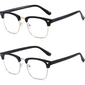 MEETSUN Blue Light Blocking Glasses Women/Men,Anti Eye Strain Filter Blue Ray Semi Rimless Computer Game &UV400/Reduce Glare Lens (Black + Clear / 2 Pack)