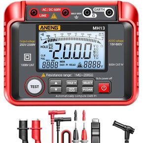 MH13 1MΩ-200GΩ Megohmmeter، جهاز اختبار مقاومة العزل 250V-2500V، 10V-600V AC/DC Volt Meter، نطاق تلقائي 2000 عدد، شاشة LCD، 100 تخزين بيانات، حماية من التسرب، أحمر in Saudi Arabia