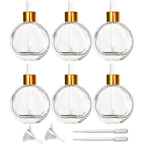 6Pcs, 2 oz Glass Dropper Bottles for Essential Oils ，60ml Frosted Glass Dropper Bottles Flat Round Perfume Bottle， for Essential Oils, Perfumes, Serums - Leakproof for Travel (A- Clear Frosted)