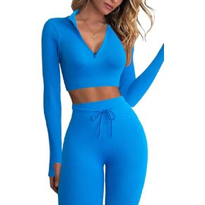 QINSEN Long Sleeve Workout Shirt for Women High Funnel Neck Crop Tops Tummy Control Leggings Fitted 2 Pieces Sets