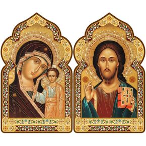 Christ the Teacher and Virgin Mary of Kazan Russian Orthodox Catholic Christian Icon Diptych, 7 1/2 Inch, Religious Gift, Dome Shape