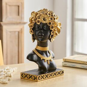FJS African Statues Women Sculptures for Home Decor 10.03" Black and Gold Art Statue Shelf Décor Aesthetic Home Decorations for Living Room Bedroom Office Table Bookshelf Decorative Objects (Freedom)