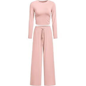 NORACORA Women's Lounge Sets 2 Piece Ruched Long Sleeve Tops and High Waisted Wide Leg Pants Tracksuit Sets