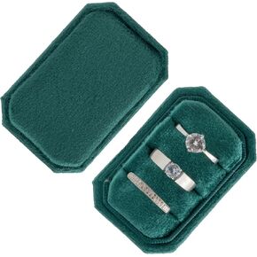 Premium Velvet Ring Bearer Box 3 Slots for Proposal Engagement Wedding Ceremony - Cut-Edge Rectangle Vintage Double Ring Display Holder with Detachable Lid (Green)