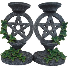 Nemesis Now Gothic Witchcraft Ivy Pentagram Candlesticks, 13.4cm, Hand-Painted Resin Aged Occult Candle Holders, Set of 2