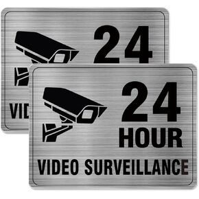 24 Hour Video Surveillance Sign Aluminum 8 x 6 Inch Self-Adhesive Heavy Duty Metal Waterproof Warning Safety Security Notice for Business Property Office 2 Pack