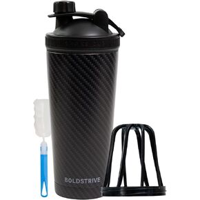 Black Carbon Fiber Stainless Steel Shaker Bottle For Protein - Gym Water Bottle & Mixer Bottle - 24 Oz, Internal Measure, Rubber Bottom, and Brush - Leak Proof & BPA Free Metal Blender Bottle