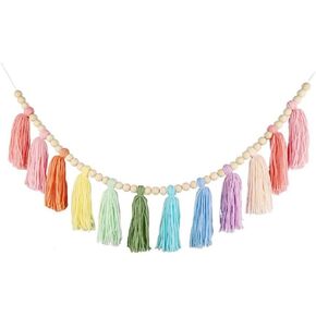 Rainbow Tassel Garland - Boho Braided Tassel Garland with Wood Beads - Hanging Decoration Wall Decor for Girls Room and Nursery Room for Home Party Baby Shower Supplies, Type 1