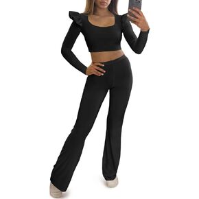 Tankaneo Womens Loungewear Set Ruffle Long Sleeve Crop Tops Flare Pants 2 Piece Casual Outfits