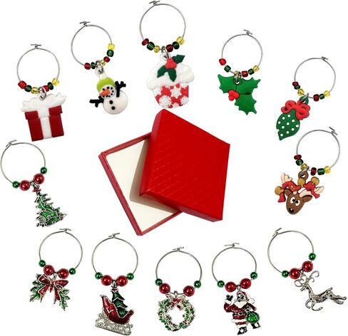 SANHE Christmas Wine Glass Charms Tags, Wine Drinker Gifts, Champagne Cocktail Drink Markers set of 12 in gift box（silver） in Saudi Arabia