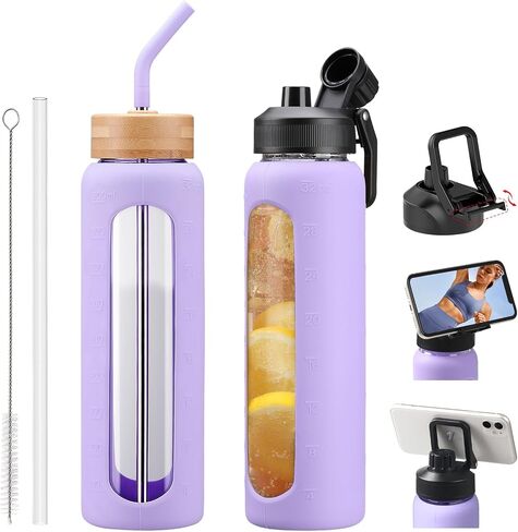 Glass Water Bottles with Straw -24oz- Water Bottle Phone Holder for Gym Sports Water Bottles with Silicone Sleeve Glass Drinking Bottles 2 Lids - Spout & Bamboo Straw Lid(Amber) in Saudi Arabia