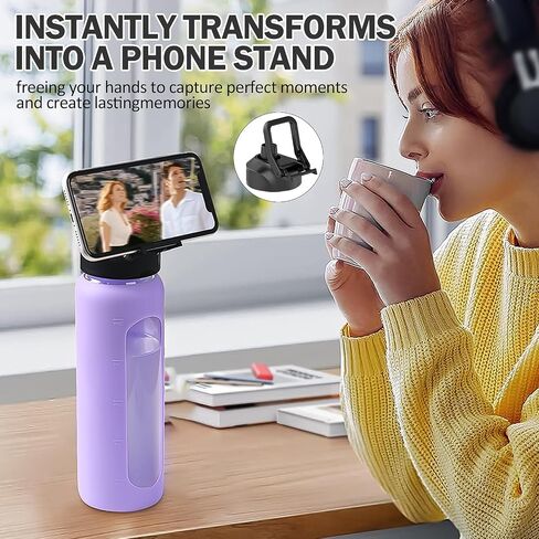 Glass Water Bottles with Straw -24oz- Water Bottle Phone Holder for Gym Sports Water Bottles with Silicone Sleeve Glass Drinking Bottles 2 Lids - Spout & Bamboo Straw Lid(Amber) in Saudi Arabia