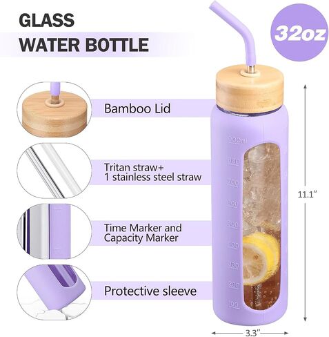 Glass Water Bottles with Straw -24oz- Water Bottle Phone Holder for Gym Sports Water Bottles with Silicone Sleeve Glass Drinking Bottles 2 Lids - Spout & Bamboo Straw Lid(Amber) in Saudi Arabia