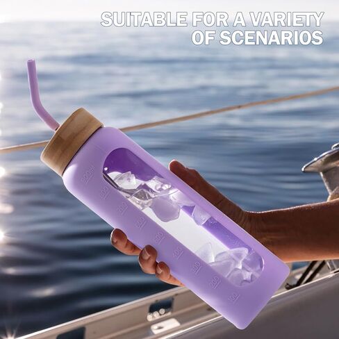 Glass Water Bottles with Straw -24oz- Water Bottle Phone Holder for Gym Sports Water Bottles with Silicone Sleeve Glass Drinking Bottles 2 Lids - Spout & Bamboo Straw Lid(Amber) in Saudi Arabia
