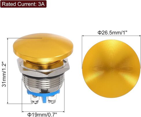 MECCANIXITY 2PCS 3A 16MM 5/8" Momentary Mushroom Head Push Button Switch 12V 24V 120V 250V AC Gold 1NO Waterproof IP65 SPST Domed Round 2 Screw Foot Button Switch in Saudi Arabia