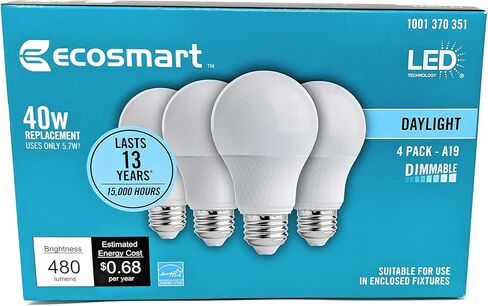 EcoSmart 40W يعادل ضوء النهار A19 Energy Star + لمبة إضاءة LED قابلة لتعديل الضوء (4 عبوات) in Kuwait