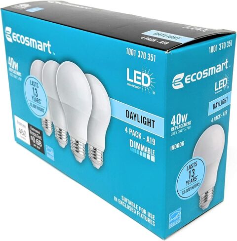 EcoSmart 40W يعادل ضوء النهار A19 Energy Star + لمبة إضاءة LED قابلة لتعديل الضوء (4 عبوات) in Kuwait