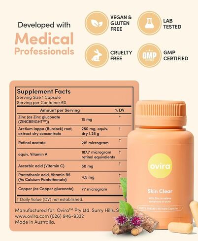 Skin Clear with ZINCBRIGHT - 60 Capsules for Clear and Glowing Skin | Rosacea & Hormonal Acne Treatment | Support Collagen Production | Acne Supplements for Women & Men in Saudi Arabia