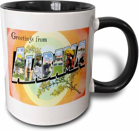 3dRose Greetings From Alabama With Scenes Of The State Inside Bold Lettering Two Tone Mug, 11 oz, Black in Saudi Arabia