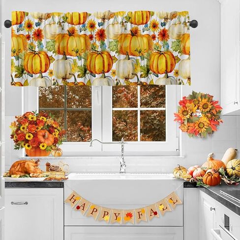 54x18 Inches Thanksgiving Pumpkin Gnome Window Treatment Valance Harvest Autumn Short Curtain Kitchen Bathroom Living Room Decorations Polyester Rod Pocket in Saudi Arabia