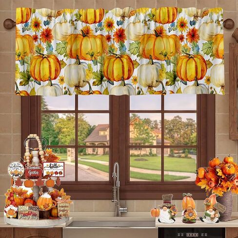 54x18 Inches Thanksgiving Pumpkin Gnome Window Treatment Valance Harvest Autumn Short Curtain Kitchen Bathroom Living Room Decorations Polyester Rod Pocket in Saudi Arabia