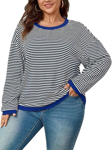 بلوزات حجم كبير كم طويل أبيض وأسود مخطط كتلة اللون طاقم الرقبة بلايز عادية قميص المرأة XL-4XL in Kuwait