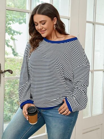 بلوزات حجم كبير كم طويل أبيض وأسود مخطط كتلة اللون طاقم الرقبة بلايز عادية قميص المرأة XL-4XL in Kuwait