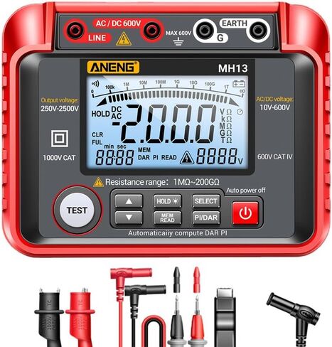 MH13 1MΩ-200GΩ Megohmmeter, 250V-2500V Insulation Resistance Tester, 10V-600V AC/DC Volt Meter, Auto Ranging 2000 Counts, LCD Display, 100 Data Storage, Leaking Shielding, Red in Saudi Arabia