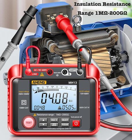 MH13 1MΩ-200GΩ Megohmmeter, 250V-2500V Insulation Resistance Tester, 10V-600V AC/DC Volt Meter, Auto Ranging 2000 Counts, LCD Display, 100 Data Storage, Leaking Shielding, Red in Saudi Arabia
