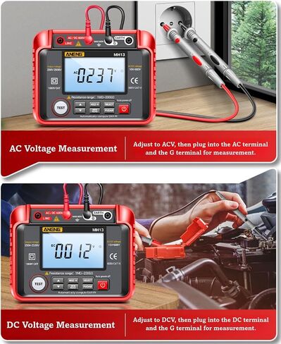 MH13 1MΩ-200GΩ Megohmmeter, 250V-2500V Insulation Resistance Tester, 10V-600V AC/DC Volt Meter, Auto Ranging 2000 Counts, LCD Display, 100 Data Storage, Leaking Shielding, Red in Saudi Arabia