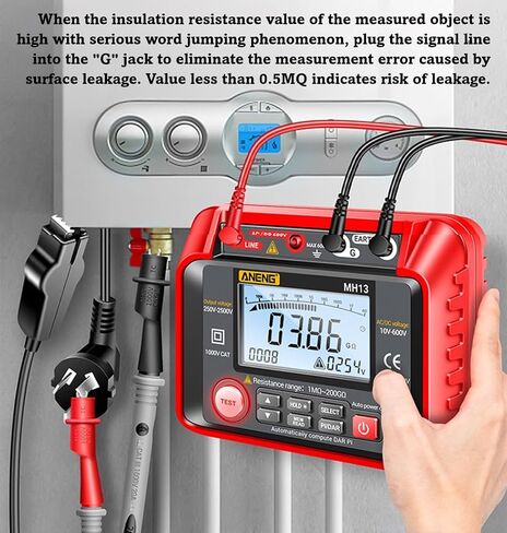 MH13 1MΩ-200GΩ Megohmmeter, 250V-2500V Insulation Resistance Tester, 10V-600V AC/DC Volt Meter, Auto Ranging 2000 Counts, LCD Display, 100 Data Storage, Leaking Shielding, Red in Saudi Arabia