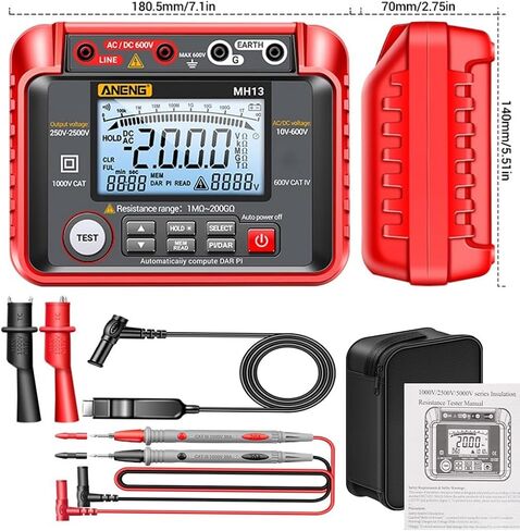 MH13 1MΩ-200GΩ Megohmmeter, 250V-2500V Insulation Resistance Tester, 10V-600V AC/DC Volt Meter, Auto Ranging 2000 Counts, LCD Display, 100 Data Storage, Leaking Shielding, Red in Saudi Arabia