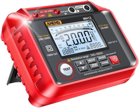 MH13 1MΩ-200GΩ Megohmmeter, 250V-2500V Insulation Resistance Tester, 10V-600V AC/DC Volt Meter, Auto Ranging 2000 Counts, LCD Display, 100 Data Storage, Leaking Shielding, Red in Saudi Arabia
