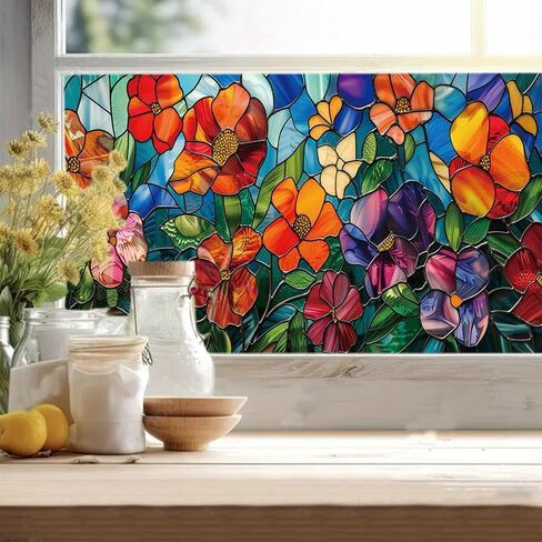 Glass Window Film Stained Glass Window Film Privacy Decorative Tinting Film for Home Frosted Bathroom Window Coverings Static Cling Non-Adhesive 17.7" x 39.5" (BH141) in Saudi Arabia