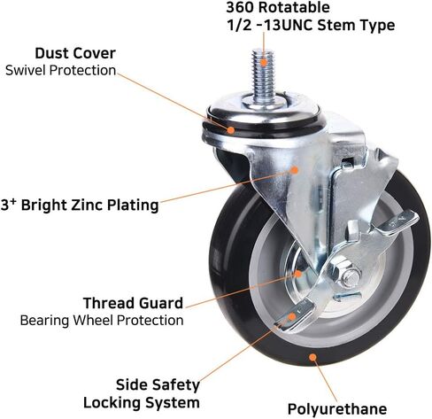 [T-REX CASTER] Easy Install, 3inch Heavy Duty Casters, All Swivel 1/2-13UNC *1 Stem Caster with Polyurethane Wheel. Load Capacity - 750 Lbs Per Caster (Pack of 4) Unversal Fit. T503S-2(D/B) LN in Saudi Arabia