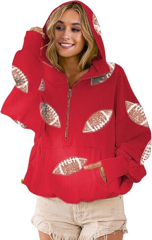 Xunger Women's Football Sequin Hoodie Half Zip Long Sleeve Rugby Patches Game Day Hooded Sweatshirt in Saudi Arabia