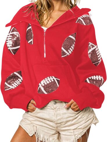 Xunger Women's Football Sequin Hoodie Half Zip Long Sleeve Rugby Patches Game Day Hooded Sweatshirt in Saudi Arabia