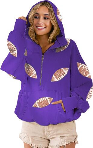 Xunger Women's Football Sequin Hoodie Half Zip Long Sleeve Rugby Patches Game Day Hooded Sweatshirt in Saudi Arabia