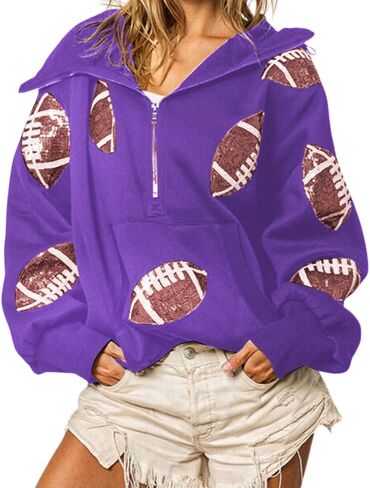 Xunger Women's Football Sequin Hoodie Half Zip Long Sleeve Rugby Patches Game Day Hooded Sweatshirt in Saudi Arabia