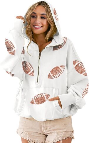 Xunger Women's Football Sequin Hoodie Half Zip Long Sleeve Rugby Patches Game Day Hooded Sweatshirt in Saudi Arabia