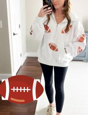 Xunger Women's Football Sequin Hoodie Half Zip Long Sleeve Rugby Patches Game Day Hooded Sweatshirt in Saudi Arabia