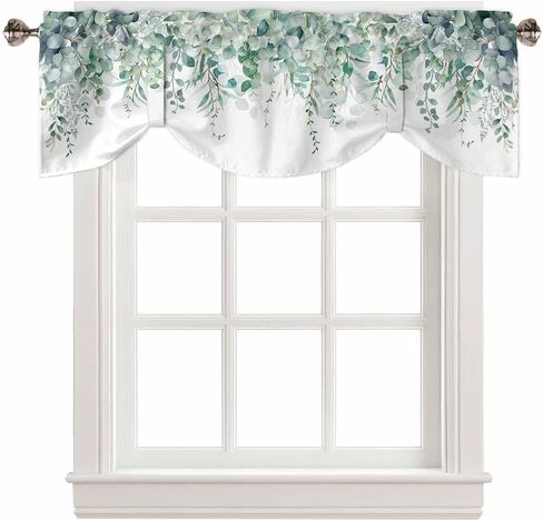 DecorLovee Blue Teal Eucalyptus Leaves Tie Up Valances for Windows, Spring Floral Kitchen Curtains Valance Window Shade, Summer Botanical Rod Pocket Treatment Curtains for Living Room/Bedroom 54"x18" in Saudi Arabia