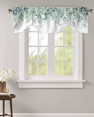 DecorLovee Blue Teal Eucalyptus Leaves Tie Up Valances for Windows, Spring Floral Kitchen Curtains Valance Window Shade, Summer Botanical Rod Pocket Treatment Curtains for Living Room/Bedroom 54"x18" in Saudi Arabia