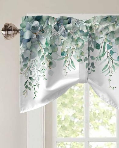 DecorLovee Blue Teal Eucalyptus Leaves Tie Up Valances for Windows, Spring Floral Kitchen Curtains Valance Window Shade, Summer Botanical Rod Pocket Treatment Curtains for Living Room/Bedroom 54"x18" in Saudi Arabia