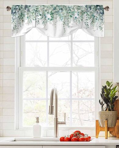 DecorLovee Blue Teal Eucalyptus Leaves Tie Up Valances for Windows, Spring Floral Kitchen Curtains Valance Window Shade, Summer Botanical Rod Pocket Treatment Curtains for Living Room/Bedroom 54"x18" in Saudi Arabia