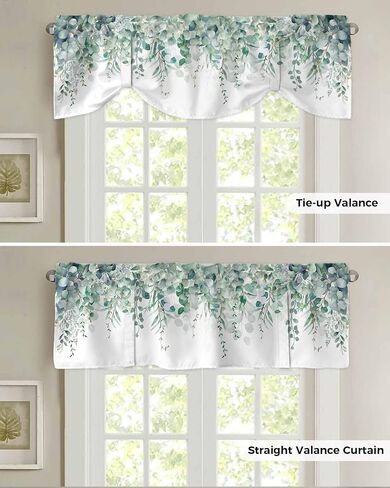 DecorLovee Blue Teal Eucalyptus Leaves Tie Up Valances for Windows, Spring Floral Kitchen Curtains Valance Window Shade, Summer Botanical Rod Pocket Treatment Curtains for Living Room/Bedroom 54"x18" in Saudi Arabia